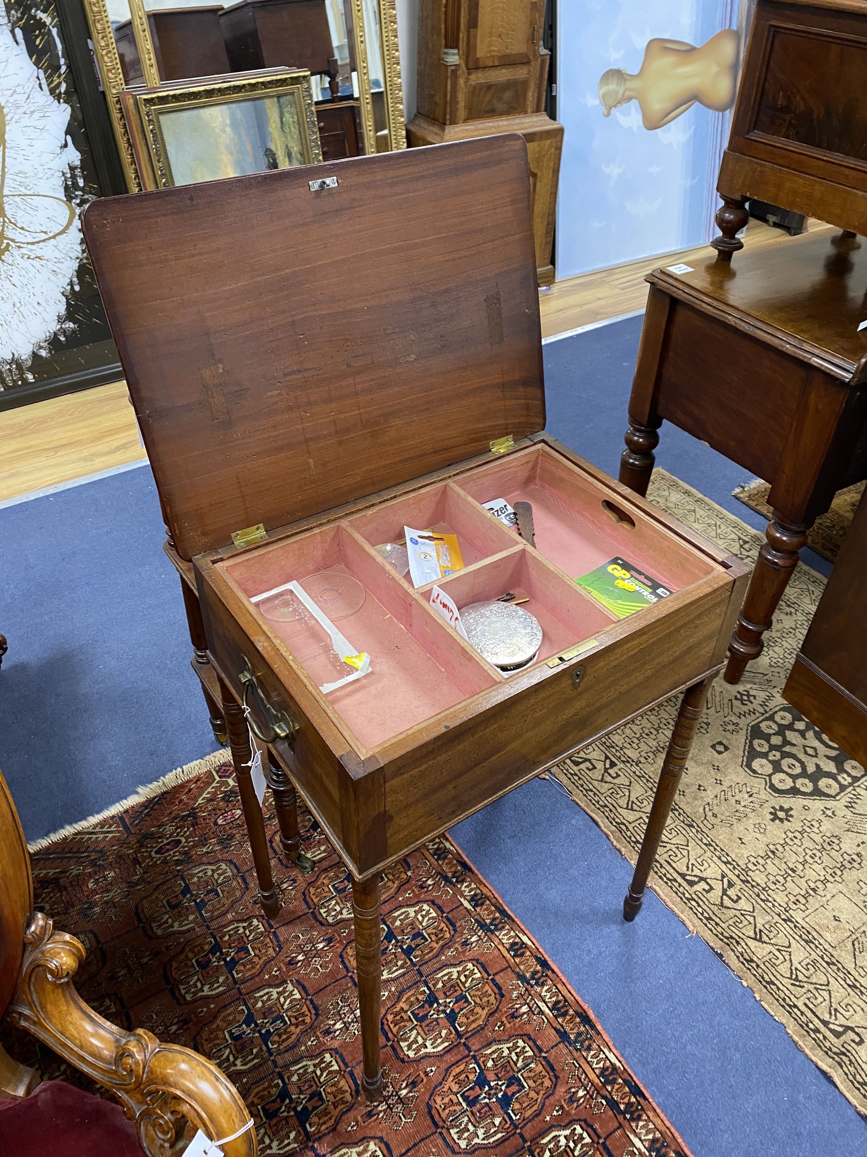 A Regency banded mahogany hinged top work table, width 52cm, depth 37cm, height 74cm